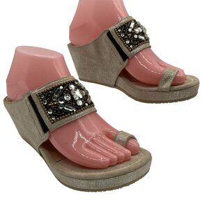 Donald J Pliner Womens 7.5 Embellished Tan Metallic Bronze Wedge Sandals Boho